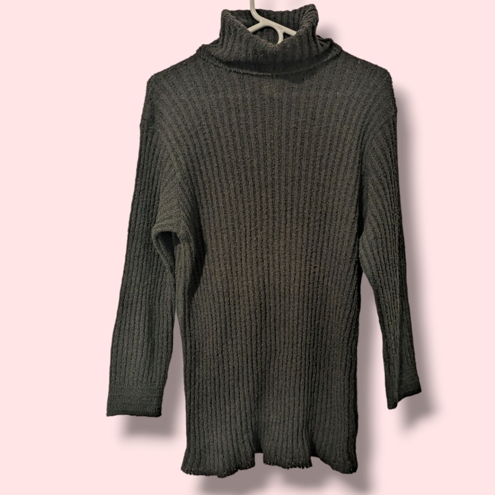 Linda Lundstrom Vintage Black Textured Ribbed Wool Longline Turtleneck Sweater L